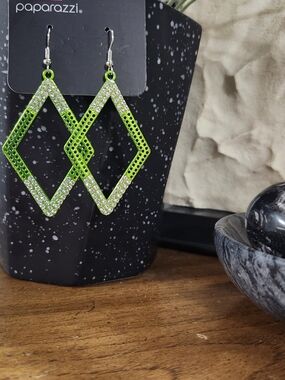 Paparazzi Lime Green & Rhinestone Diamond-Shaped Dangle Earrings